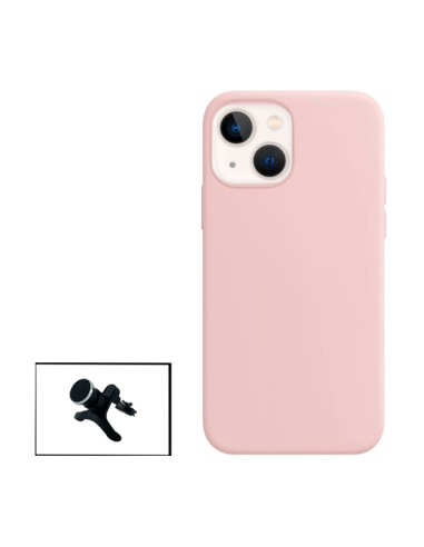 Kit Suporte Magnético Reforçado de Carro + Capa Silicone Líquido para Apple iPhone 14 - Rosa