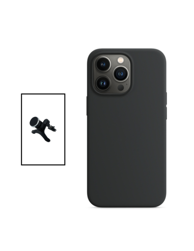 Kit Suporte Magnético Reforçado de Carro + Capa Silicone Líquido para Apple iPhone 14 Pro Max - Preto