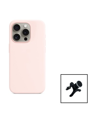 Kit Suporte Magnético Reforçado de Carro + Capa Silicone Líquido para Apple iPhone 15 - Rosa