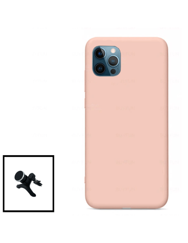 Kit Suporte Magnético Reforçado de Carro + Capa Silicone Líquido para iPhone 12 Mini - Rosa