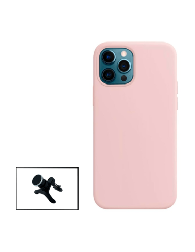 Kit Suporte Magnético Reforçado de Carro + Capa Silicone Líquido para iPhone 13 Pro Max - Rosa