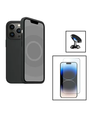 Kit Vidro Temperado ClearGlass + Capa Silicone Líquido + Suporte Magnético para Apple iPhone 15 - Preto