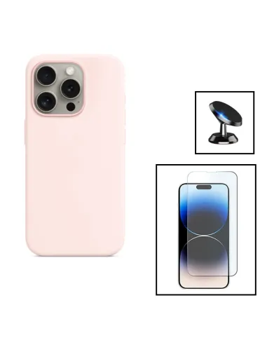 Kit Vidro Temperado ClearGlass + Capa Silicone Líquido + Suporte Magnético para Apple iPhone 15 - Rosa