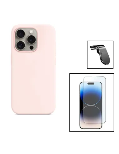 Kit Vidro Temperado ClearGlass + Capa Silicone Líquido + Suporte Magnético L para Apple iPhone 15 Pro Max - Rosa