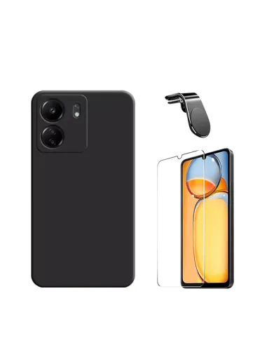 Kit Vidro Temperado ClearGlass + Capa Silicone Líquido + Suporte Magnético L  para Xiaomi Redmi 13C - Preto