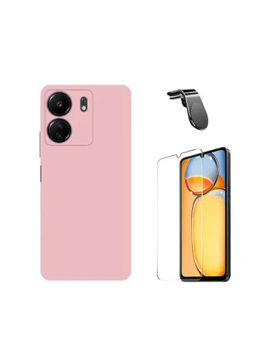 Kit Vidro Temperado ClearGlass + Capa Silicone Líquido + Suporte Magnético L  para Xiaomi Redmi 13C - Rosa