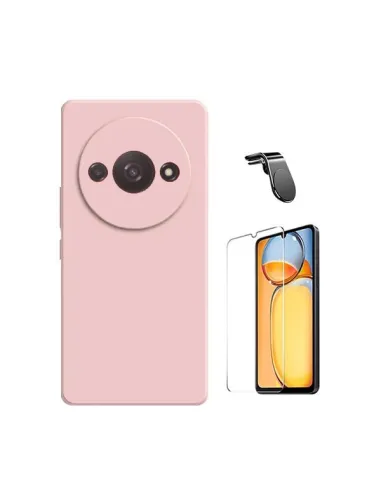 Kit Vidro Temperado ClearGlass + Capa Silicone Líquido + Suporte Magnético L  para Xiaomi Redmi A3 - Rosa