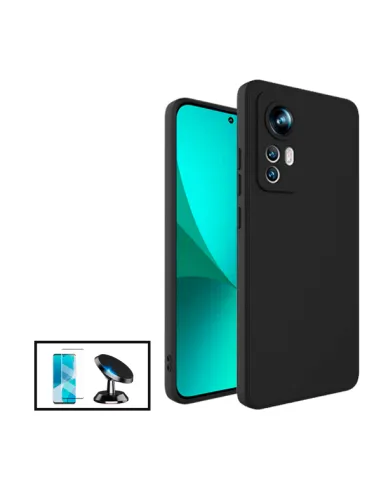 Kit Vidro Temperado Curved + Capa Silicone Líquido + Suporte Magnético para Xiaomi 12 - Preto