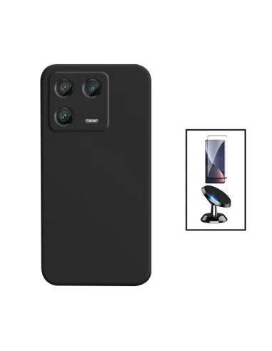 Kit Vidro Temperado Curved + Capa Silicone Líquido + Suporte Magnético para Xiaomi 13 Pro - Preto