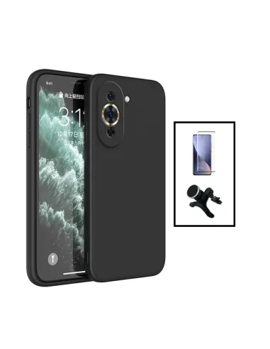 Kit Vidro Temperado Curved + Capa Silicone Líquido + Suporte Magnético Reforçado para Huawei Nova 10 - Preto