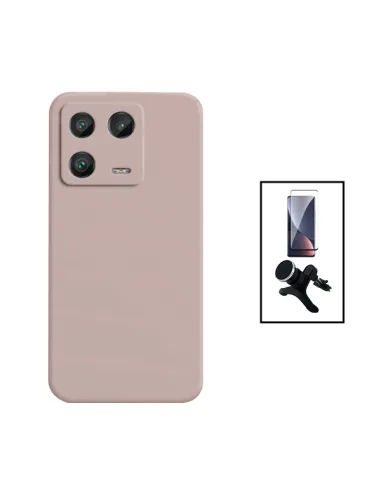 Kit Vidro Temperado Curved + Capa Silicone Líquido + Suporte Magnético Reforçado para Xiaomi 13 Pro - Rosa