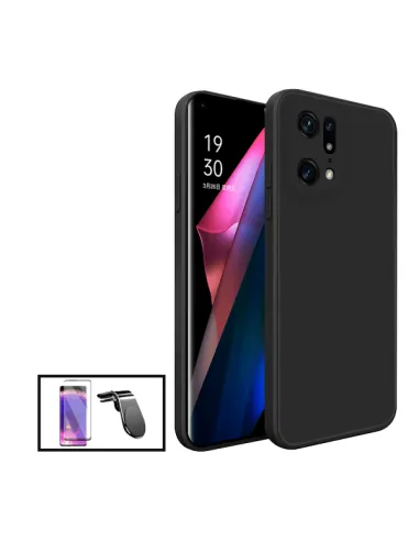 Kit Vidro Temperado Curved + Capa Silicone Líquido + Suporte Magnético L para Oppo Find X5 - Preto