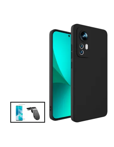 Kit Vidro Temperado Curved + Capa Silicone Líquido + Suporte Magnético L para Xiaomi 12 - Preto