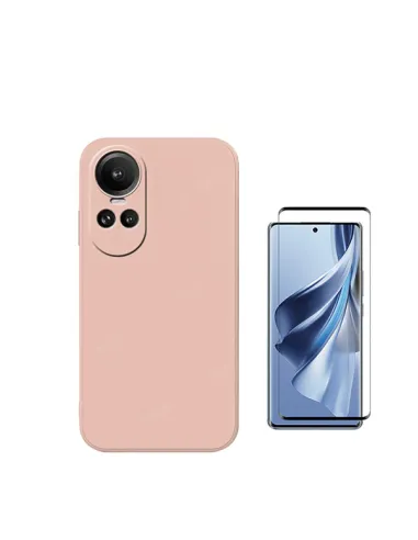 Kit Vidro Temperado Curved + Capa Silicone Líquido  para Oppo Reno10 - Rosa