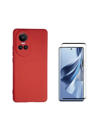 Kit Vidro Temperado Curved + Capa Silicone Líquido  para Oppo Reno10 - Vermelho