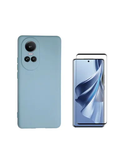 Kit Vidro Temperado Curved + Capa Silicone Líquido  para Oppo Reno10 Pro - Azul Claro