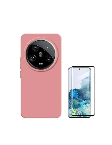 Kit Vidro Temperado Curved + Capa Silicone Líquido  para Xiaomi 14 Ultra - Rosa