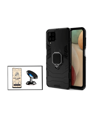 Kit Vidro Temperado CeramicGlass Full Cover + Capa 3X1 Military Defender + Suporte Magnético de Carro para Samsung Galaxy A12 Na