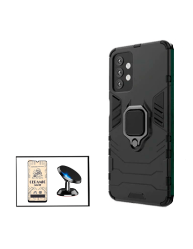 Kit Vidro Temperado CeramicGlass Full Cover + Capa 3X1 Military Defender + Suporte Magnético de Carro para Samsung Galaxy A32 5G