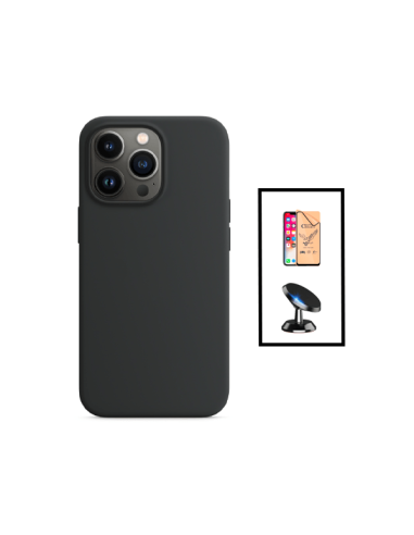 Kit Vidro Temperado CeramicGlass Full Cover + Capa Silicone Líquido + Suporte Magnético de Carro para Apple iPhone 14 - Preto