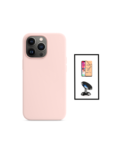 Kit Vidro Temperado CeramicGlass Full Cover + Capa Silicone Líquido + Suporte Magnético de Carro para Apple iPhone 14 - Rosa