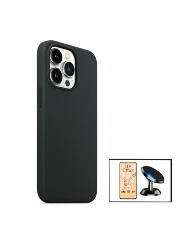 Kit Vidro Temperado CeramicGlass Full Cover + Capa Silicone Líquido + Suporte Magnético de Carro para iPhone 13