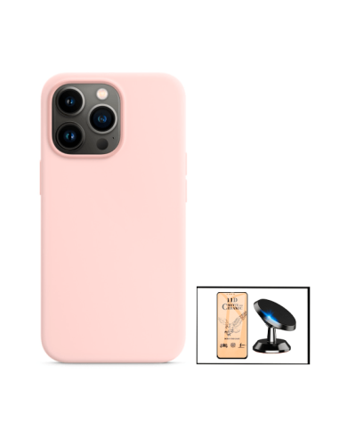 Kit Vidro Temperado CeramicGlass Full Cover + Capa Silicone Líquido + Suporte Magnético de Carro para iPhone 13 Pro - Rosa