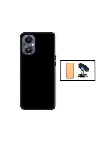 Kit Vidro Temperado CeramicGlass Full Cover + Capa Silicone Líquido + Suporte Magnético de Carro para Oppo Reno7 Lite - Preto