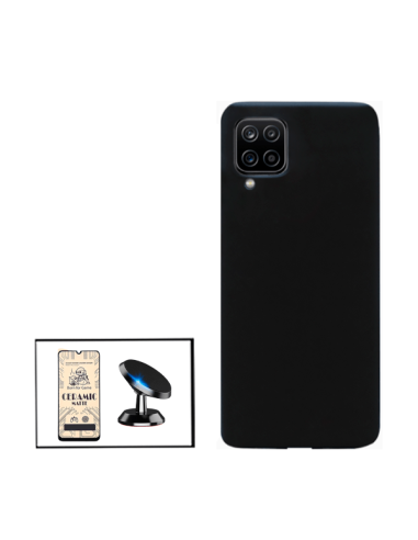 Kit Vidro Temperado CeramicGlass Full Cover + Capa Silicone Líquido + Suporte Magnético de Carro para Samsung Galaxy A12 Nacho