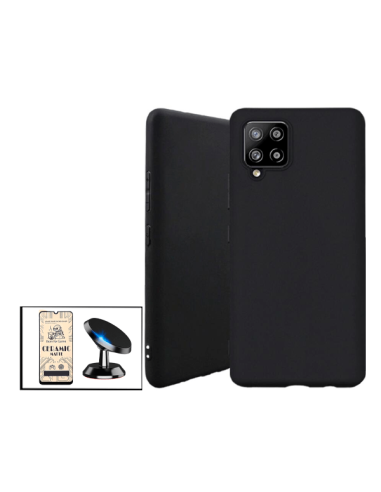 Kit Vidro Temperado CeramicGlass Full Cover + Capa Silicone Líquido + Suporte Magnético de Carro para Samsung Galaxy A42 5G