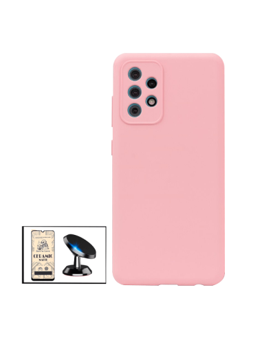 Kit Vidro Temperado CeramicGlass Full Cover + Capa Silicone Líquido + Suporte Magnético de Carro para Samsung Galaxy A52 - Rosa