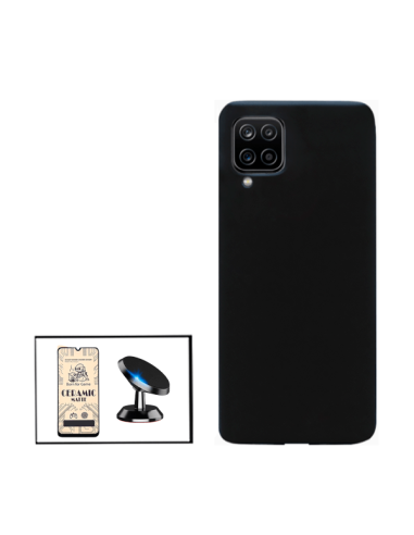 Kit Vidro Temperado CeramicGlass Full Cover + Capa Silicone Líquido + Suporte Magnético de Carro para Samsung Galaxy M12