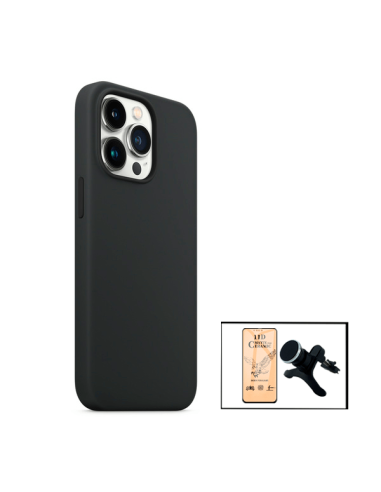 Kit Vidro Temperado CeramicGlass Full Cover + Capa Silicone Líquido + Suporte Magnético de Carro Reforçado para iPhone 13