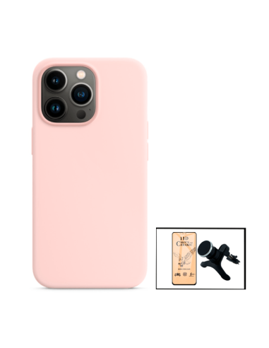 Kit Vidro Temperado CeramicGlass Full Cover + Capa Silicone Líquido + Suporte Magnético de Carro Reforçado para iPhone 13 - Rosa