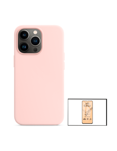 Kit Vidro Temperado CeramicGlass Full Cover + Capa Silicone Líquido para iPhone 13 Pro - Rosa