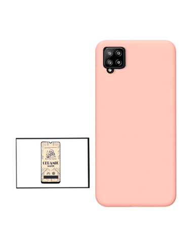 Kit Vidro Temperado CeramicGlass Full Cover + Capa Silicone Líquido para Samsung Galaxy A12 Nacho - Rosa