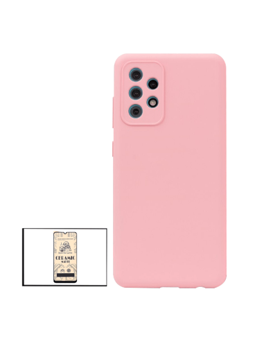 Kit Vidro Temperado CeramicGlass Full Cover + Capa Silicone Líquido para Samsung Galaxy A52 5G - Rosa