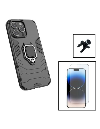 Kit Vidro Temperado ClearGlass + Capa 3X1 Military Defender + Suporte Magnético de Carro Reforçado para Apple iPhone 15 Pro - Pr