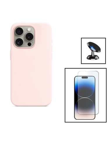 Kit Vidro Temperado ClearGlass + Capa Silicone Líquido + Suporte Magnético de Carro para Apple iPhone 15 - Rosa