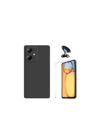 Kit Vidro Temperado ClearGlass + Capa Silicone Líquido + Suporte Magnético de Carro Phonecare para Xiaomi Redmi 13C 5G - Preto