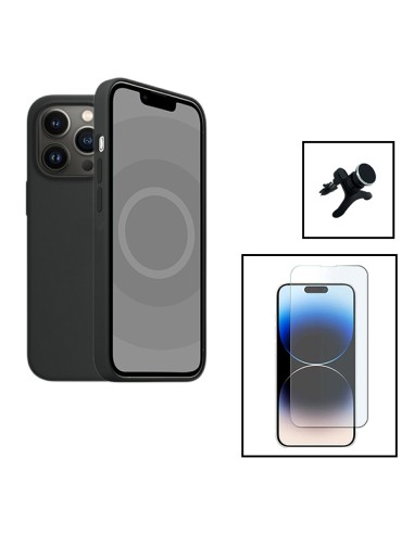 Kit Vidro Temperado ClearGlass + Capa Silicone Líquido + Suporte Magnético de Carro Reforçado para Apple iPhone 15 Pro - Preto
