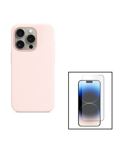 Kit Vidro Temperado ClearGlass + Capa Silicone Líquido para Apple iPhone 15 - Rosa