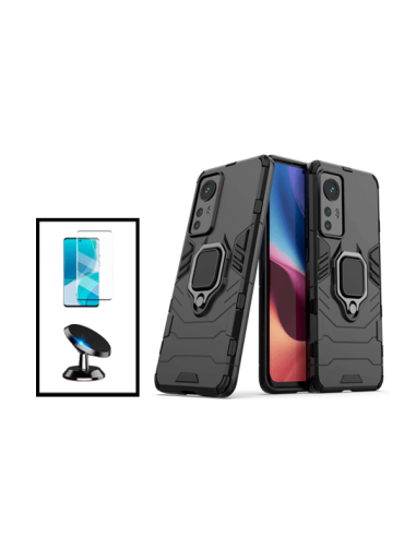 Kit Película de Vidro Temperado Curved + Capa 3X1 Military Defender + Suporte Magnético de Carro para Xiaomi 12 - Preto