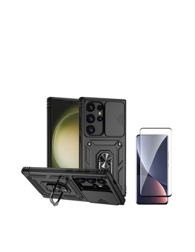 Kit Película de Vidro Temperado Curved + Capa Magnetic Military Defender Slide Window Anti-Impacto Phonecare para Samsung Galaxy