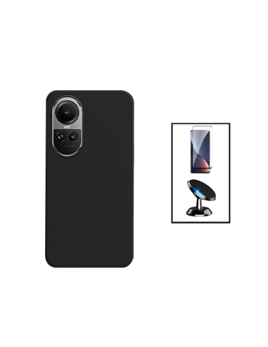 Kit Película de Vidro Temperado Curved + Capa Silicone Líquido + Suporte Magnético de Carro para Oppo Reno10 Pro - Preto