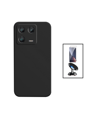 Kit Película de Vidro Temperado Curved + Capa Silicone Líquido + Suporte Magnético de Carro para Xiaomi 13 Pro - Preto