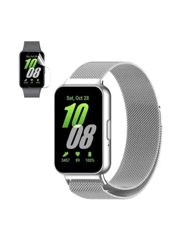 Kit Bracelete Milanese Loop Fecho Magnético + Película de Gel Full Cover  para Samsung Galaxy Fit3 - Prata / Transparente