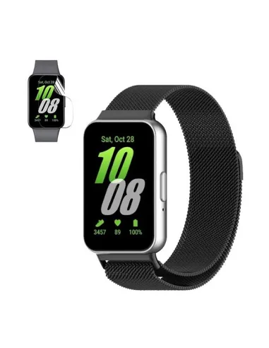 Kit Bracelete Milanese Loop Fecho Magnético + Película de Gel para Samsung Galaxy Fit3 40mm - Preto / Transparente