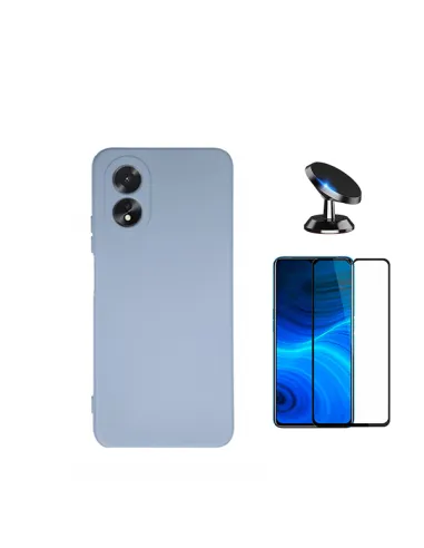 Kit Vidro Premium Full Cover + Capa Silicone Líquido + Suporte Magnético para Oppo A18 - Azul Claro