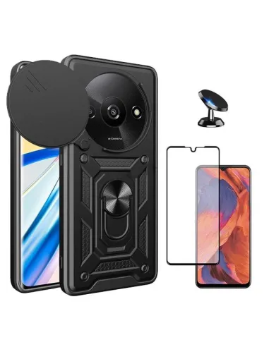 Kit Vidro Premium Full Cover + Capa Magnetic Slide Window + Suporte Magnético para Xiaomi Redmi A3 - Preto